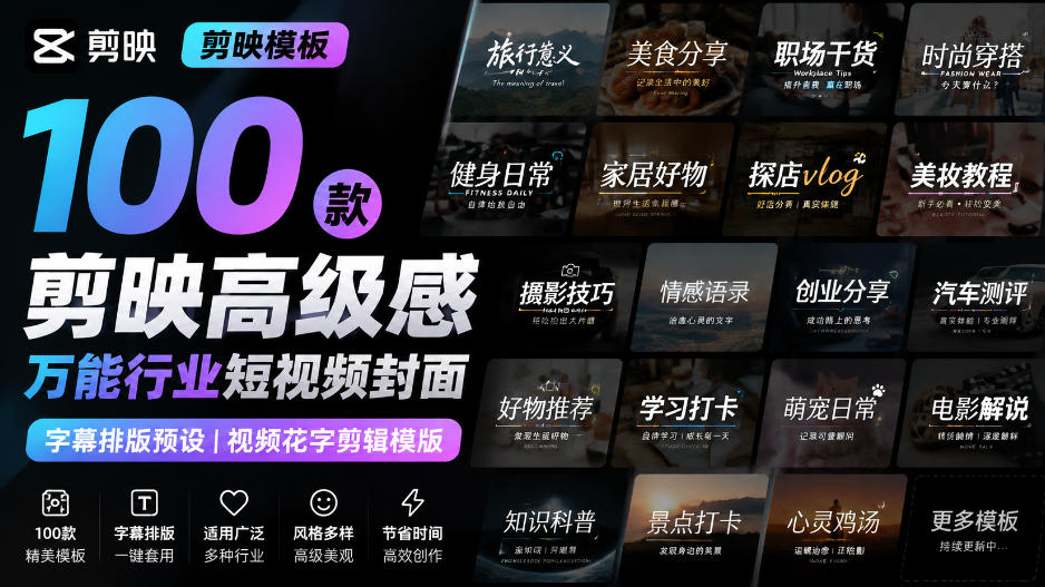 【剪映模板】100款剪映高级感万能行业短视频封面字幕排版预设视频花字剪辑模版-吾爱云课堂