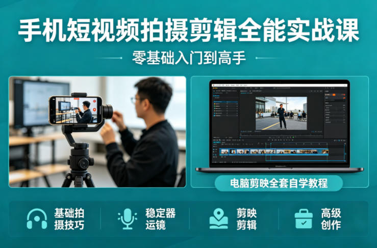 手机短视频拍摄剪辑全能实战课：零基础入门到高手，稳定器运镜+电脑剪映全套自学教程-吾爱云课堂