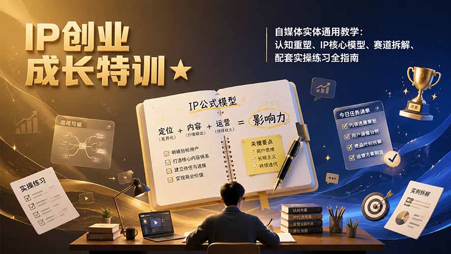 IP创业成长特训★自媒体实体通用教学：认知重塑、IP核心模型、赛道拆解、配套实操练习全指南-吾爱云课堂