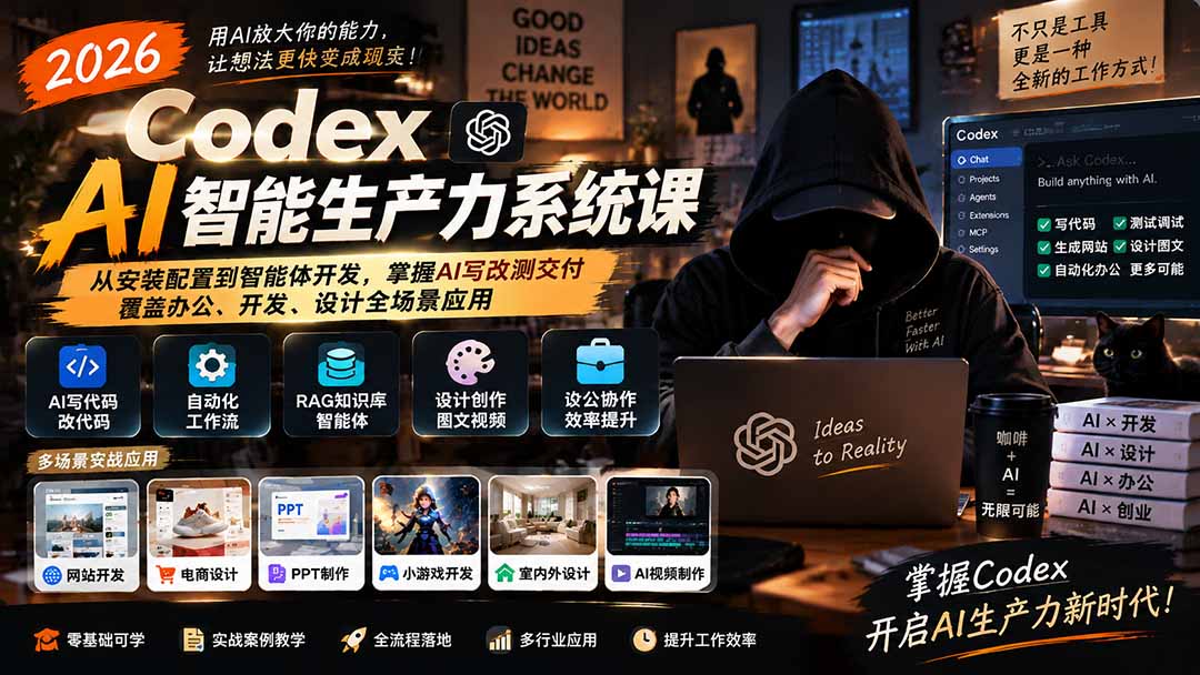 2026 Codex AI智能生产力系统课-更新｜从安装配置到智能体开发，掌握AI写改测交付，覆盖办公、开发、设计全场景应用-吾爱云课堂