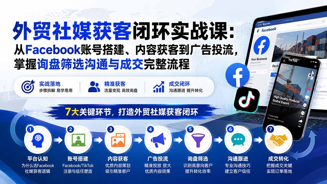 外贸社媒获客闭环实战课：从Facebook账号搭建、内容获客到广告投流，掌握询盘筛选沟通与成交完整流程-吾爱云课堂
