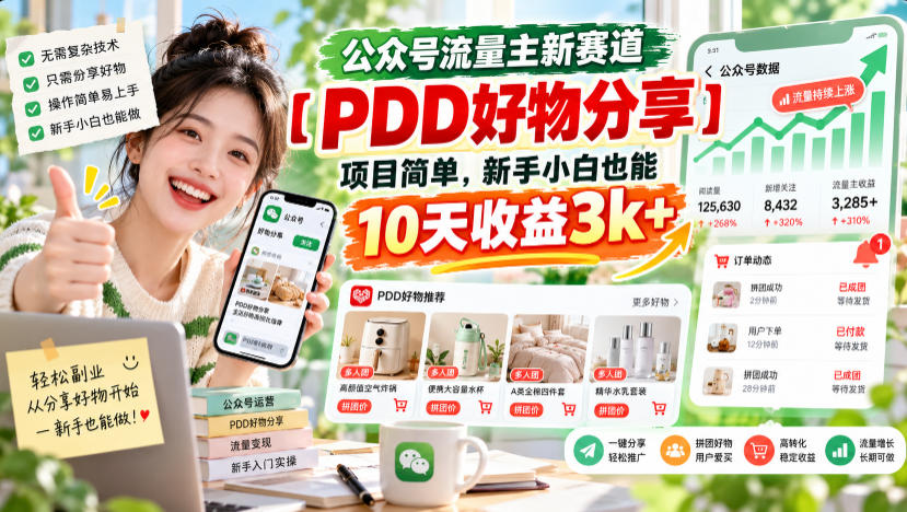 公众号流量主新赛道【PDD好物分享】，项目简单，新手小白也能10天收益3k+-吾爱云课堂