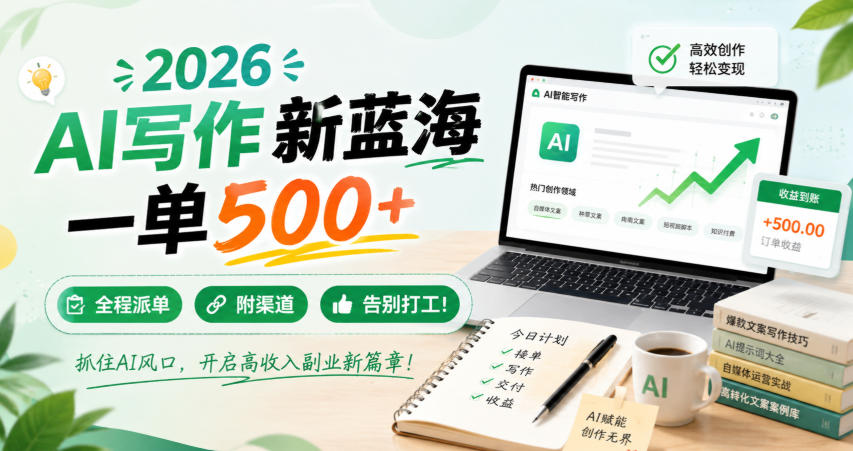 2026 AI写作新蓝海，一单500+，全程派单，附渠道，告别打工！【揭秘】-吾爱云课堂