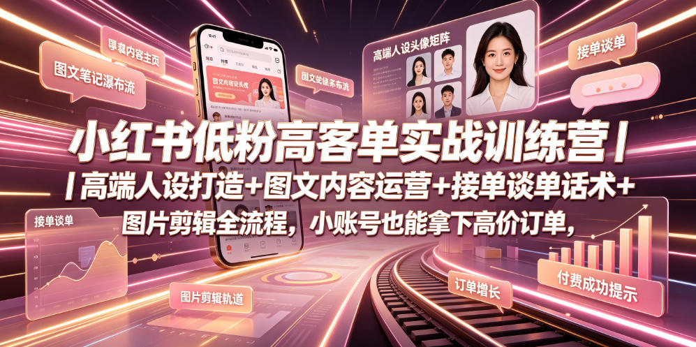 小红书低粉高客单实战训练营｜高端人设打造+图文内容运营+接单谈单话术+图片剪辑全流程，小账号也能拿下高价订单-吾爱云课堂