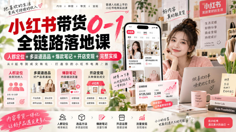 小红书带货0-1全链路落地课｜人群定位+多渠道选品+爆款笔记+开店变现完整实操-吾爱云课堂