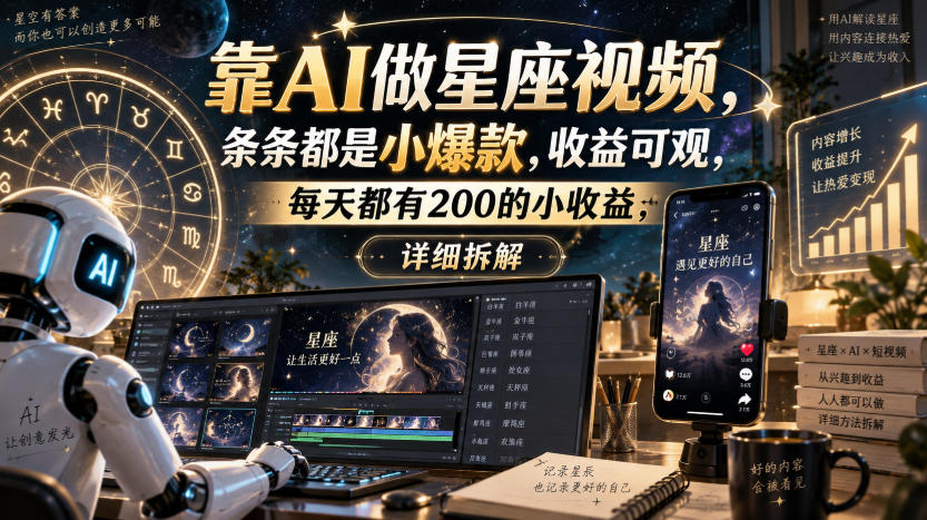 靠AI做星座视频，条条都是小爆款，收益可观，每天都有200的小收益，详细拆解-吾爱云课堂