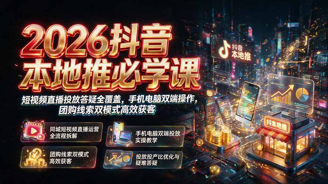 2026抖音本地推必学课｜短视频直播投放答疑全覆盖，手机电脑双端操作，团购线索双模式高效获客-吾爱云课堂