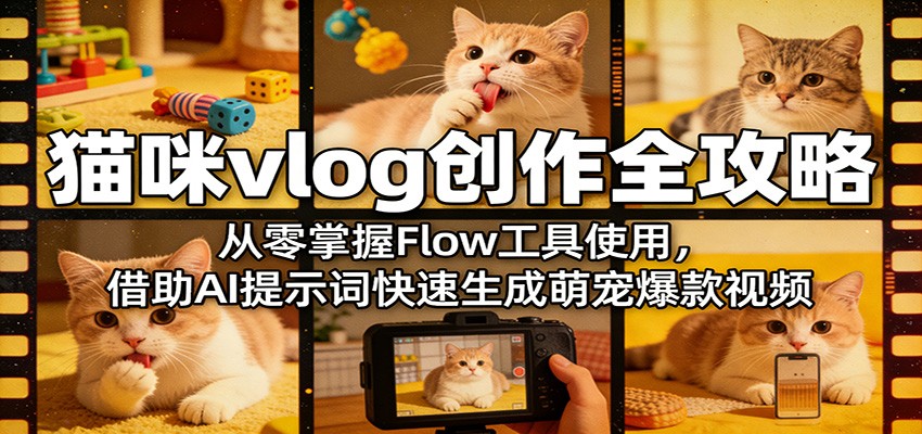 猫咪vlog创作全攻略：从零掌握Flow工具使用，借助AI提示词快速生成萌宠爆款视频-吾爱云课堂