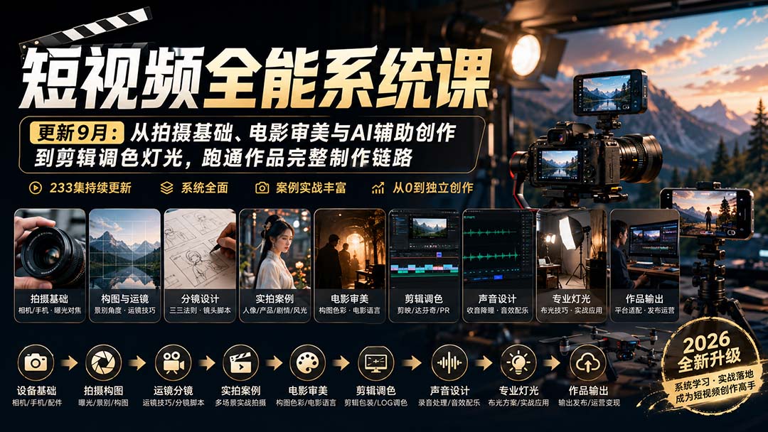 短视频全能系统课-更新8月233集：从拍摄基础、电影审美与AI辅助创作到剪辑调色灯光，跑通作品完整制作链路-吾爱云课堂
