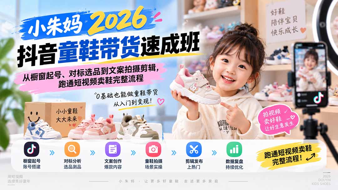 小朱妈2026抖音童鞋带货速成班：从橱窗起号、对标选品到文案拍摄剪辑，跑通短视频卖鞋完整流程-吾爱云课堂