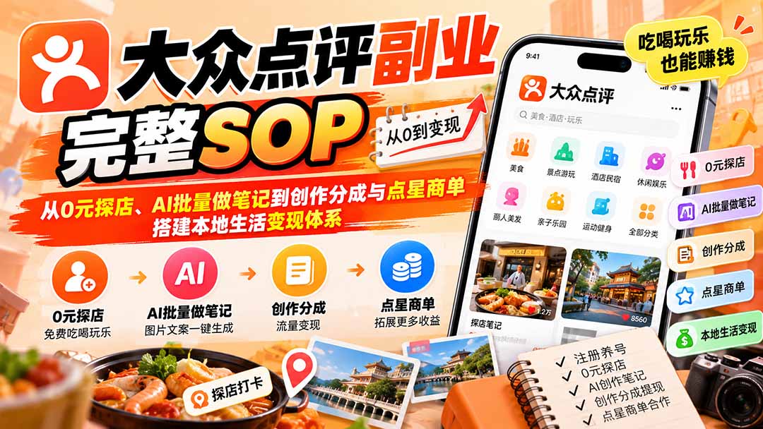 【无水印】大众点评副业完整SOP：从0元探店、AI批量做笔记到创作分成与点星商单，搭建本地生活变现体系-吾爱云课堂