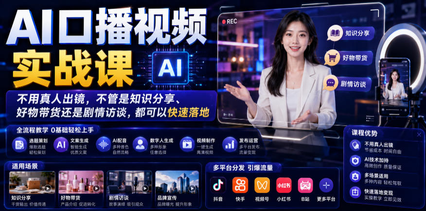 AI口播视频实战课，不用真人出镜，不管是知识分享、好物带货还是剧情访谈，都可以快速落地-吾爱云课堂