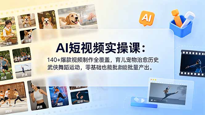 AI短视频实操课：140+爆款视频制作全覆盖，育儿宠物治愈历史武侠舞蹈运动，零基础也能批量产出-吾爱云课堂
