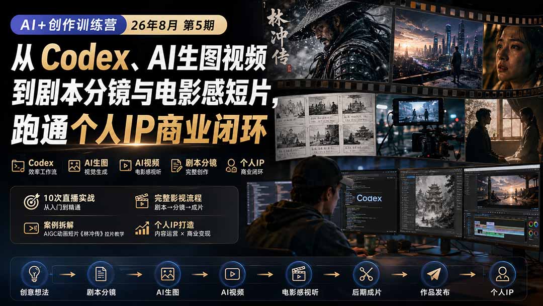 AI+创作训练营26年8月第5期：从Codex、AI生图视频到剧本分镜与电影感短片，跑通个人IP商业闭环-吾爱云课堂