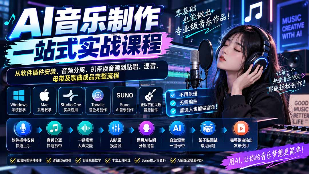 AI音乐制作一站式实战课程：从软件插件安装、音频分离、扒带换音源到贴唱、混音、母带及歌曲成品完整流程-吾爱云课堂