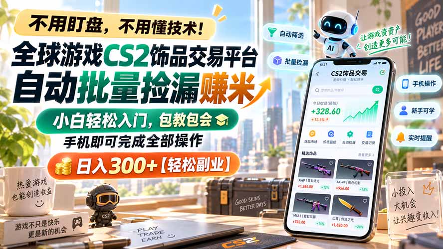 全球游戏CS2饰品交易平台自动批量捡漏赚米，小白轻松入门，包教包会，手机即可完成全部操作，日入300+【轻松副业】-吾爱云课堂