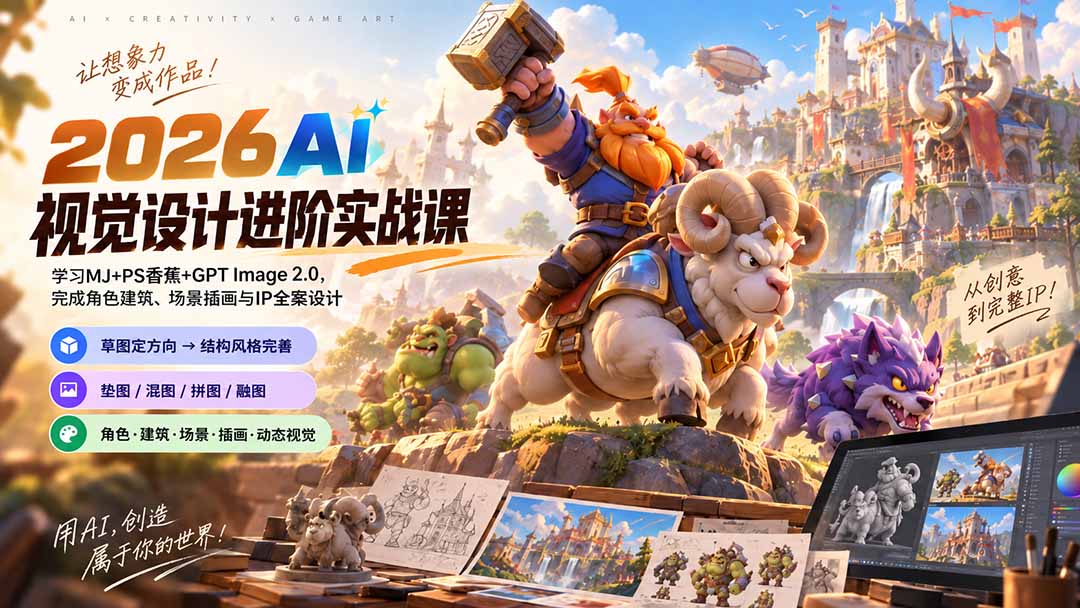 2026AI视觉设计进阶实战课-更新：学习MJ+PS香蕉+GPT Image 2.0，完成角色建筑、场景插画与IP全案设计-吾爱云课堂