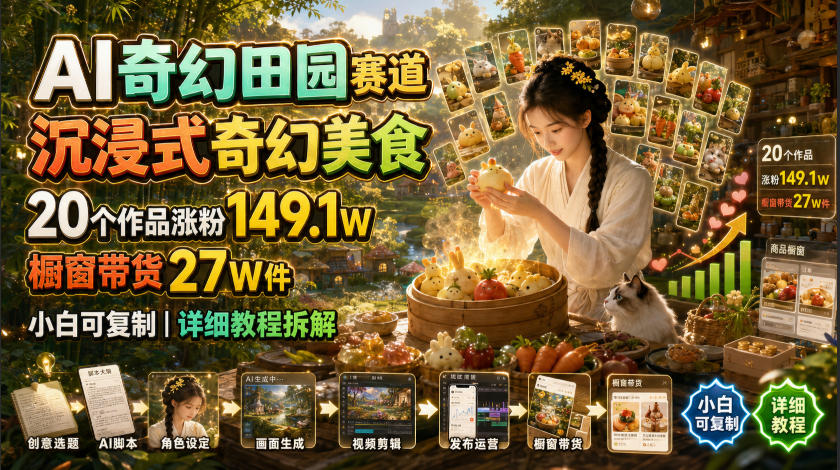 AI奇幻田园赛道，沉浸式奇幻美食，20个作品涨粉149.1W，橱窗带货27W件，小白可复制，详细教程拆解-吾爱云课堂