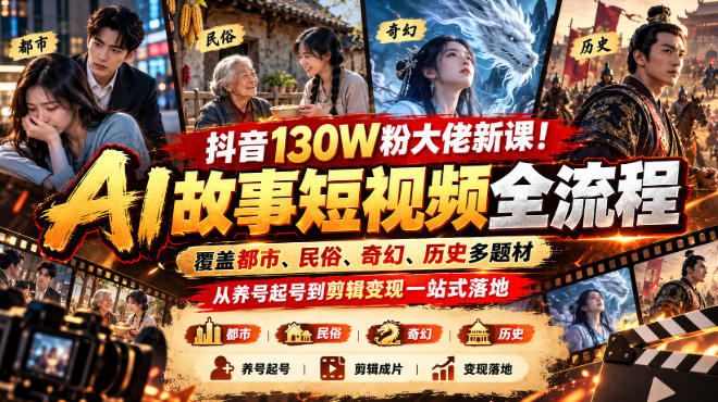 抖音130W粉大佬新课！AI故事短视频全流程，覆盖都市、民俗、奇幻、历史多题材，从养号起号到剪辑变现一站式落地-吾爱云课堂
