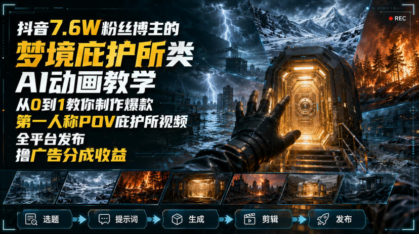 抖音7.6W粉丝博主的梦境庇护所类AI动画教学，从0到1教你制作爆款第一人称POV庇护所视频，全平台发布撸广告分成收益-吾爱云课堂