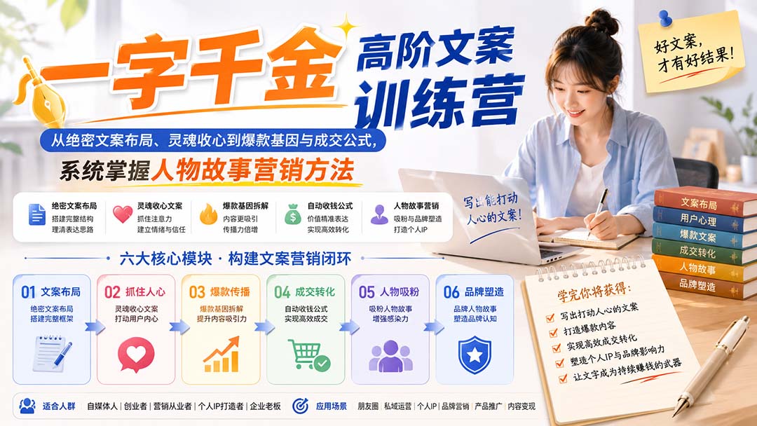 一字千金高阶文案训练营：从绝密文案布局、灵魂收心到爆款基因与成交公式，系统掌握人物故事营销方法-吾爱云课堂