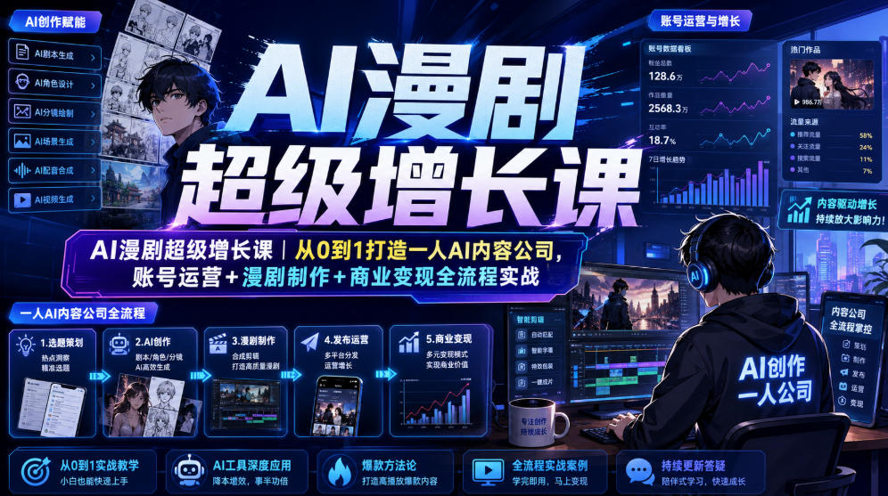 AI漫剧超级增长课｜从0到1打造一人AI内容公司，账号运营+漫剧制作+商业变现全流程实战-吾爱云课堂