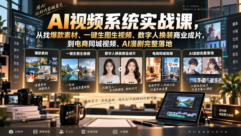 AI视频系统实战课，从找爆款素材、一键生图生视频、数字人换装商业成片，到电商同城视频、AI漫剧完整落地-吾爱云课堂