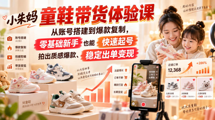 小朱妈童鞋带货体验课，从账号搭建到爆款复制，零基础新手也能快速起号、拍出质感爆款、稳定出单变现-吾爱云课堂