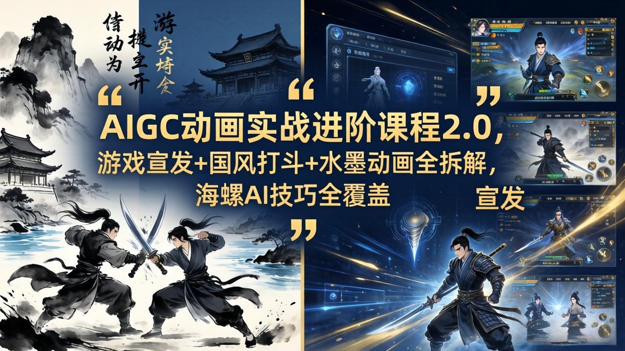 AIGC动画实战进阶课程2.0，游戏宣发+国风打斗+水墨动画全拆解，海螺AI技巧全覆盖-吾爱云课堂