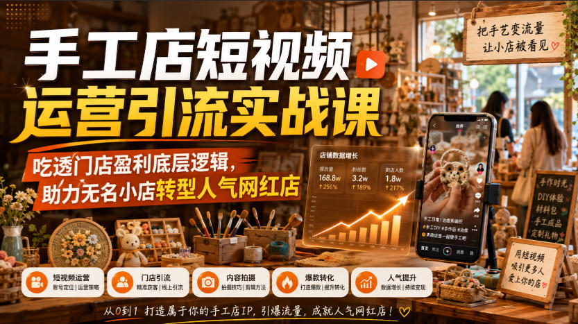 手工店短视频运营引流实战课，吃透门店盈利底层逻辑，助力无名小店转型人气网红店-吾爱云课堂