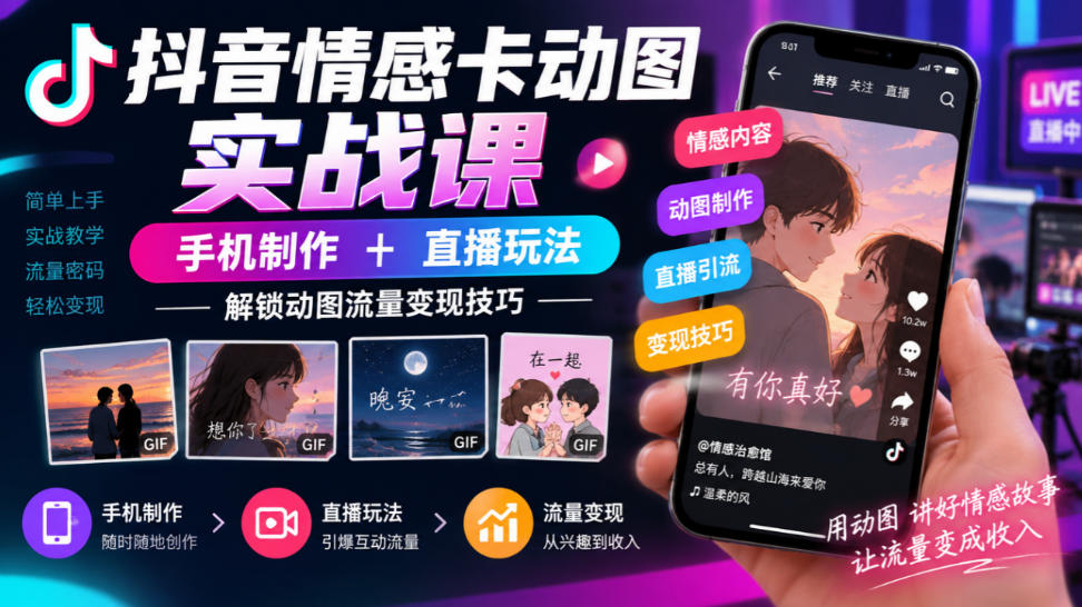 抖音情感卡动图实战课|手机制作+直播玩法,解锁动图流量变现技巧-吾爱云课堂