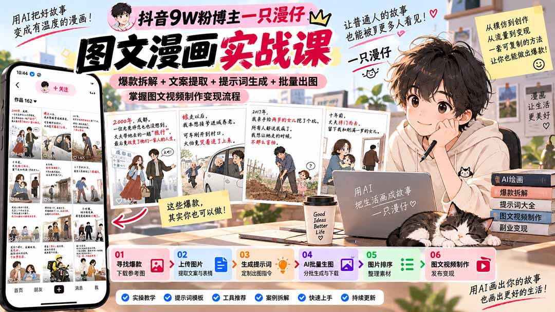 抖音9W粉博主一只漫仔图文漫画课：爆款拆解+文案提取+提示词生成+批量出图，掌握图文视频制作变现流程-吾爱云课堂