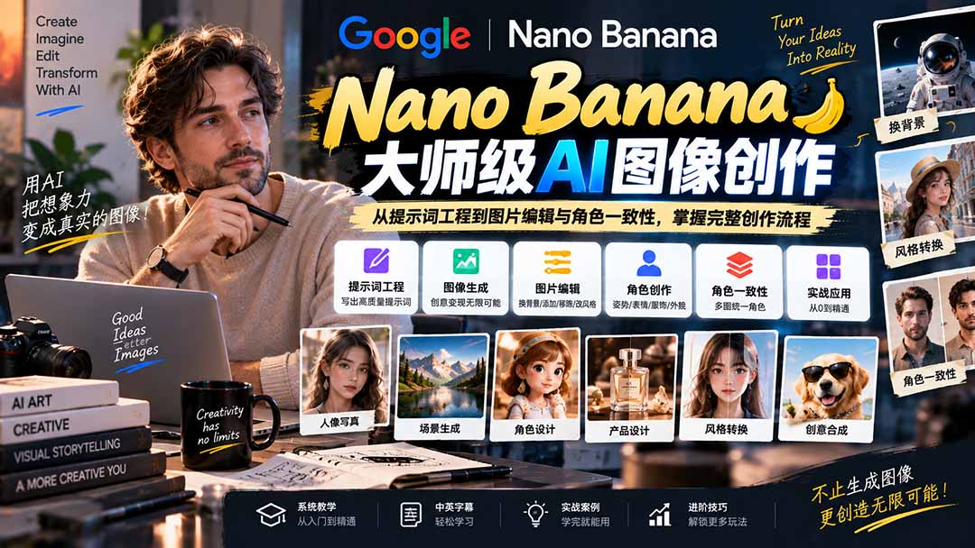 【无水印】Nano Banana大师级AI图像实战课：从提示词工程到图片编辑与角色一致性，掌握完整创作流程-吾爱云课堂