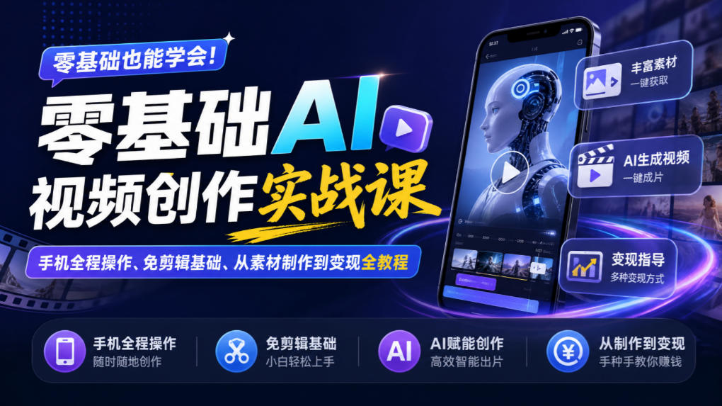 零基础AI视频创作实战课｜手机全程操作、免剪辑基础、从素材制作到变现全教程​-吾爱云课堂