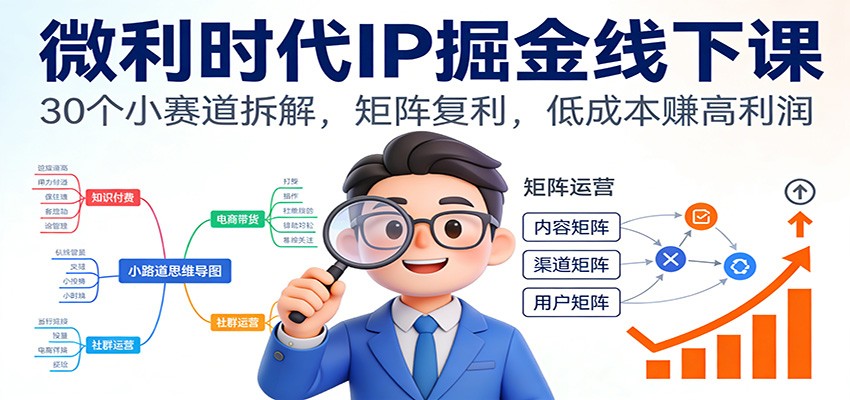 微利时代IP掘金线下课：30个小赛道拆解，矩阵复利，低成本赚高利润-吾爱云课堂