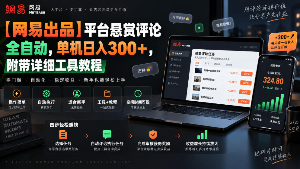 【网易出品】平台悬赏评论全自动，单机日入300+，附带详细工具教程【揭秘】-吾爱云课堂