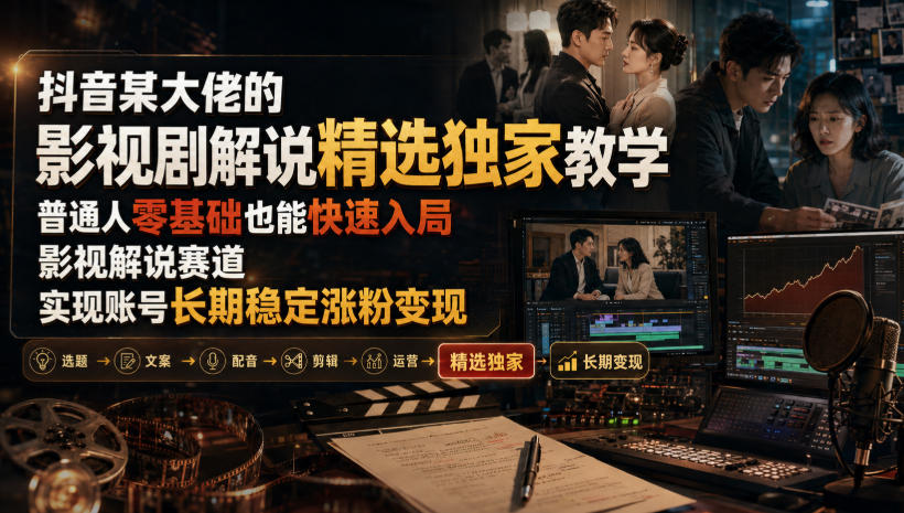 抖音某大佬的影视剧解说精选独家教学，普通人零基础也能快速入局影视解说赛道，实现账号长期稳定变现-吾爱云课堂