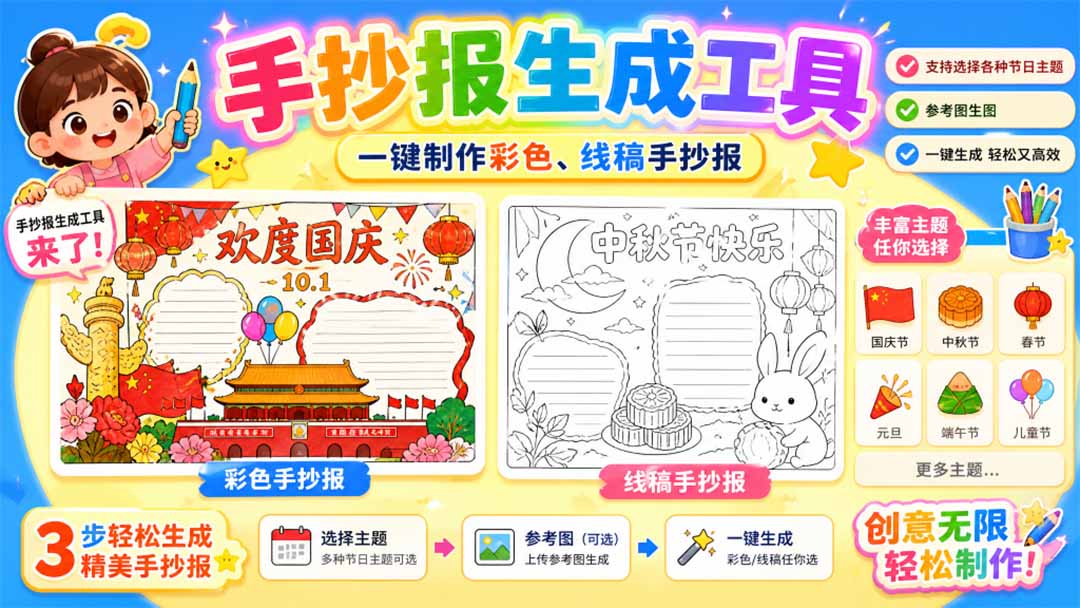 手抄报批量生成工具来了，完全免费，告别豆包生图，这个高清无水印-吾爱云课堂