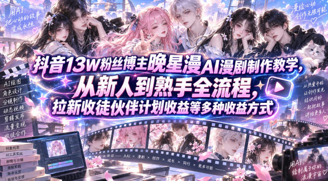 抖音13W粉丝博主晚星漫AI漫剧制作教学，从新人到熟手全流程，拉新收徒伙伴计划收益等多种收益方式，单日1K+-吾爱云课堂