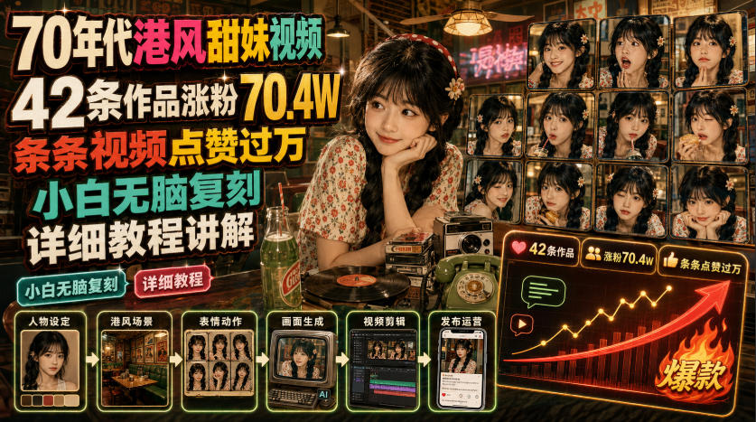 70年代港风甜妹视频,42条作品涨粉70.4W,条条视频点赞过万,小白无脑复刻,详细教程讲解-吾爱云课堂