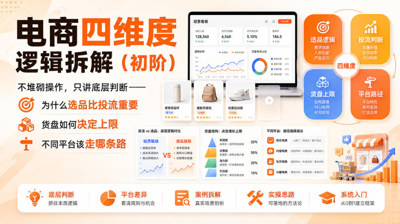 电商四维度逻辑拆解(初阶)不堆砌操作，只讲底层判断——为什么选品比投流重要、货盘如何决定上限、不同平台该走哪条路-吾爱云课堂