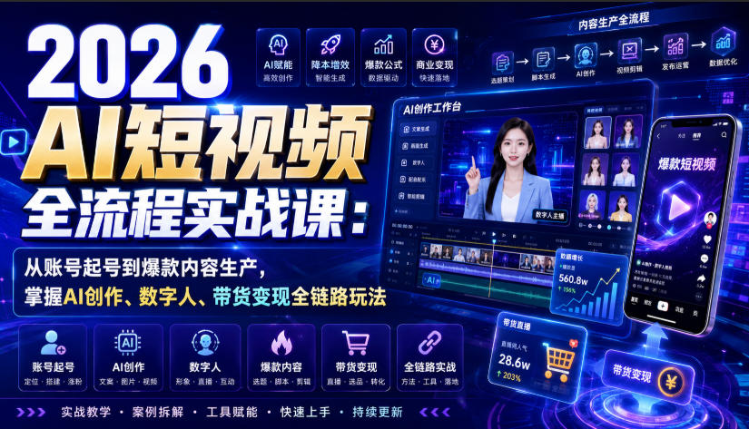 2026 AI短视频全流程实战课：从账号起号到爆款内容生产，掌握AI创作、数字人、带货变现全链路玩法-吾爱云课堂