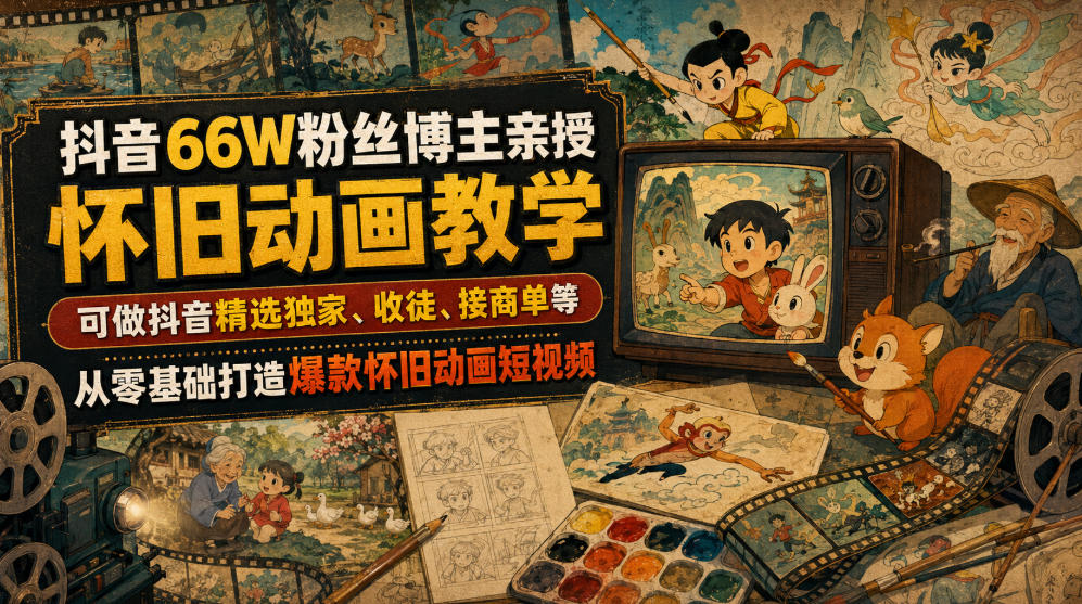 抖音66W粉丝博主亲授怀旧动画教学，可做抖音精选独家、收徒、接商单等，从零基础打造爆款怀旧动画短视频-吾爱云课堂