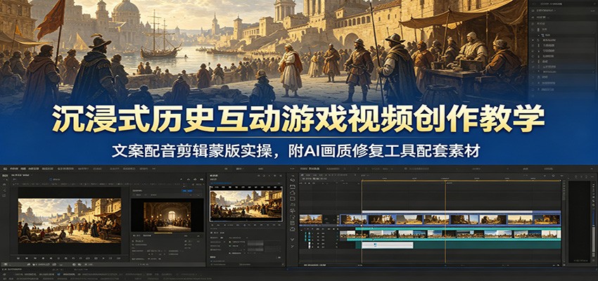 沉浸式历史互动游戏视频创作教学：文案配音剪辑蒙版实操，附AI画质修复工具配套素材-吾爱云课堂