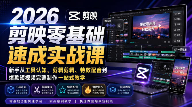 2026剪映零基础速成实战课｜新手从工具认知、剪辑剪辑、特效配音到爆款短视频完整制作一站式教学-吾爱云课堂