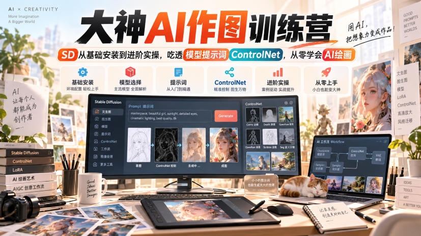大神AI作图训练营，SD从基础安装到进阶实操，吃透模型提示词ControlNet，从零学会AI绘画-吾爱云课堂