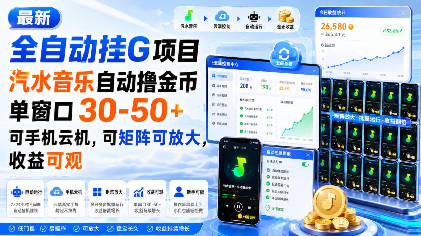 最新全自动挂G项目，汽水音乐自动撸金币单窗口30-50+，可手机云机，可矩阵可放大，收益可观-吾爱云课堂