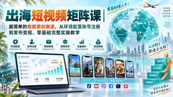 出海短视频矩阵课｜超简单的视频原创赛道，从环境配置账号注册到发布变现，零基础完整实操教学-吾爱云课堂