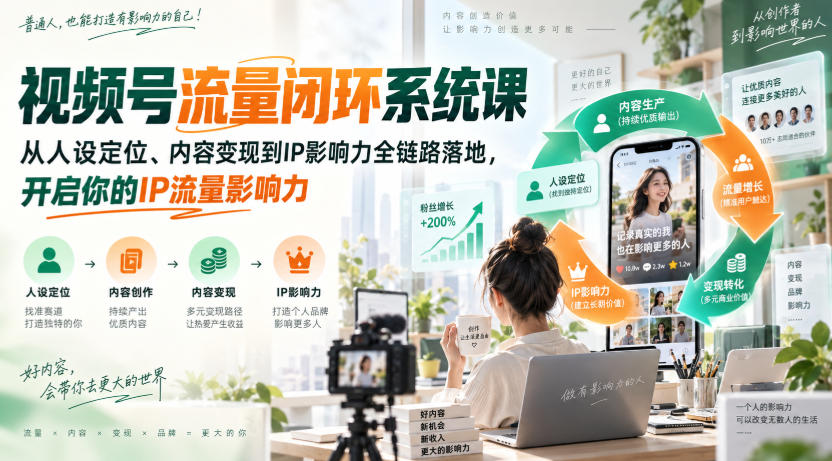 视频号流量闭环系统课,从人设定位、内容变现到IP影响力全链路落地,开启你的IP流量影响力-吾爱云课堂