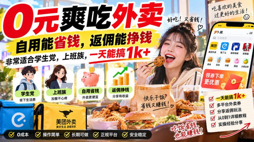 0元爽吃外卖，自用能省钱，返佣能挣钱，非常适合学生党，上班族，一天能搞1k+-吾爱云课堂